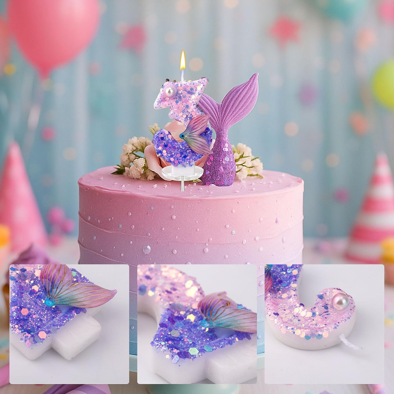 Zahlen Geburtstags Kerze Meerjungfrau Kuchenstecker Happy Birthday Deko für Torten / Kuchen - Zahl 3 / Lila