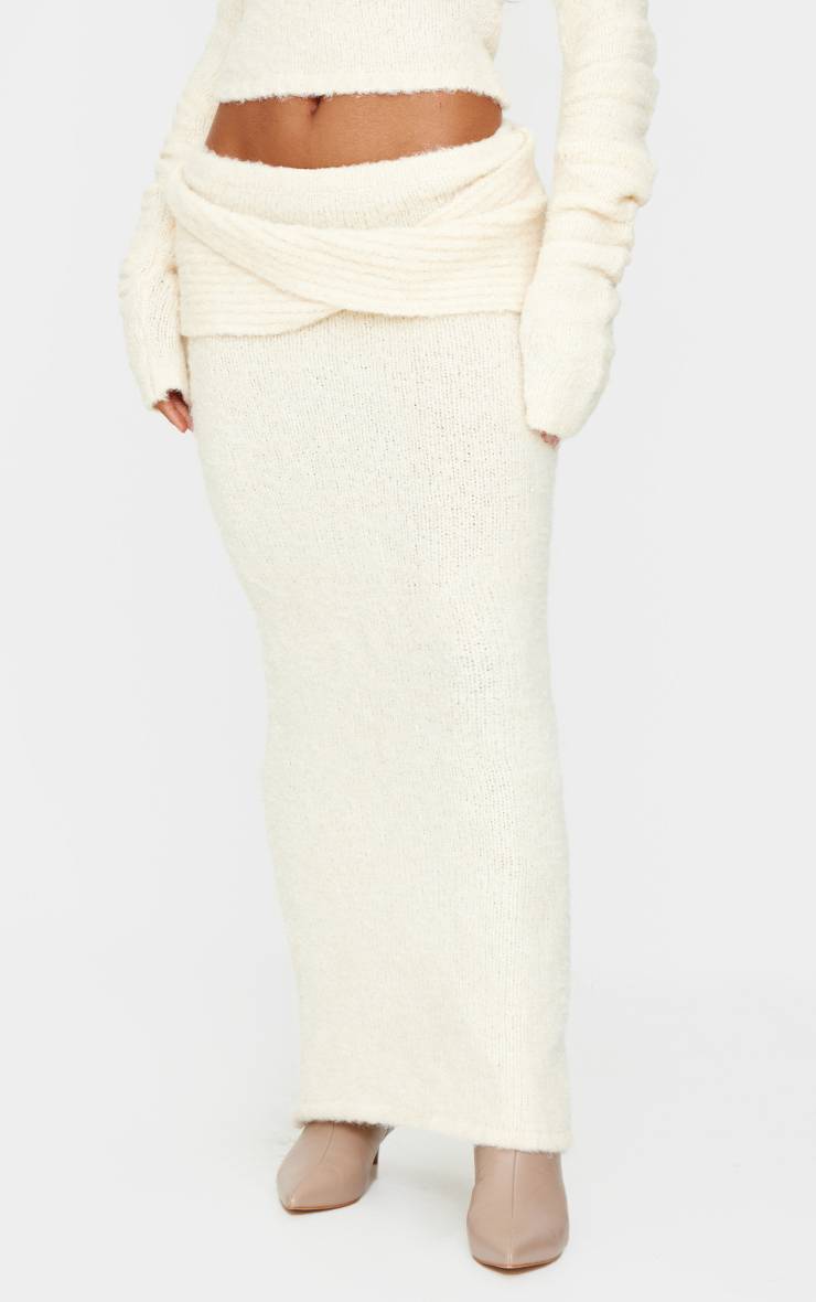 Crème Jupe Maxi En Maille Bouclette Douce À Taille Repliable