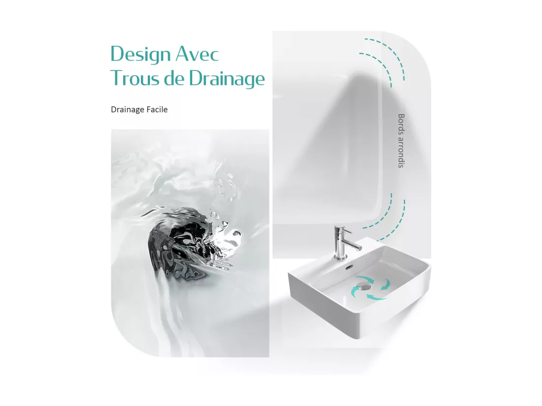 EMKE Vasque à Poser en céramique 41,5×42,5×12,5cm, Lavabo rectangulaire avec robinet trou prépercé, Lavabo à poser blanc brillant