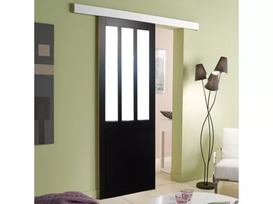 Porte Coulissant Atelier Noir Vitre Depoli H204 X L83 + Rail Alu Et 2 Coquilles Gd Menuiseries