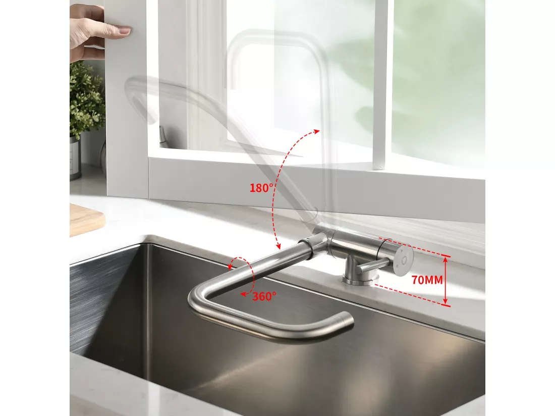2PCS Cecipa max Robinet de Cuisine Rabattable 2 Jets aux Choix, Mitigeur Evier Repliable Inox devant Fenêtre, Robinet Évier Pivotant à 360º,EU Modèle