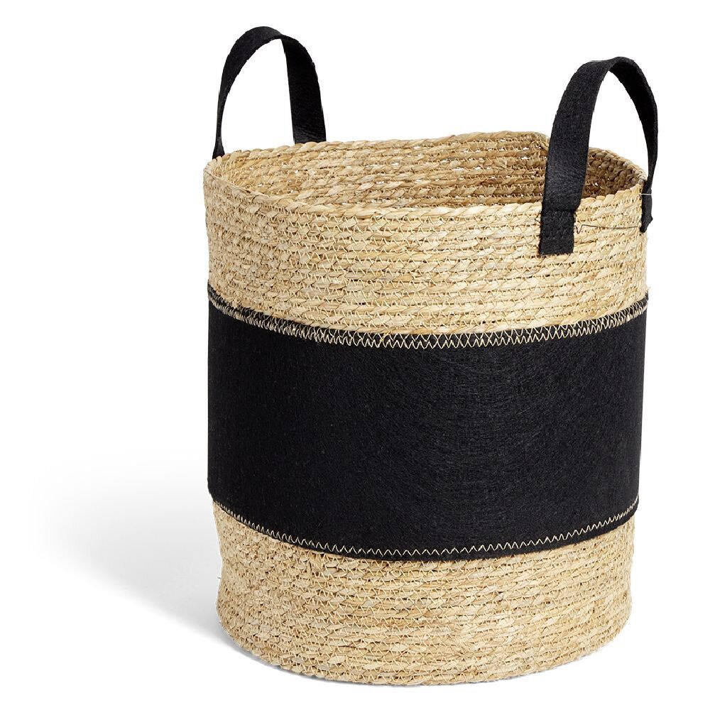 Panière à linge ronde 52L Ø37xH38cm jonc de mer et feutrine noir