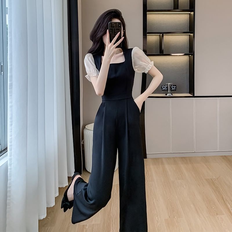 Aurora - Jumpsuit met korte mouwen, vierkante hals en wijde pijpen in twee kleuren