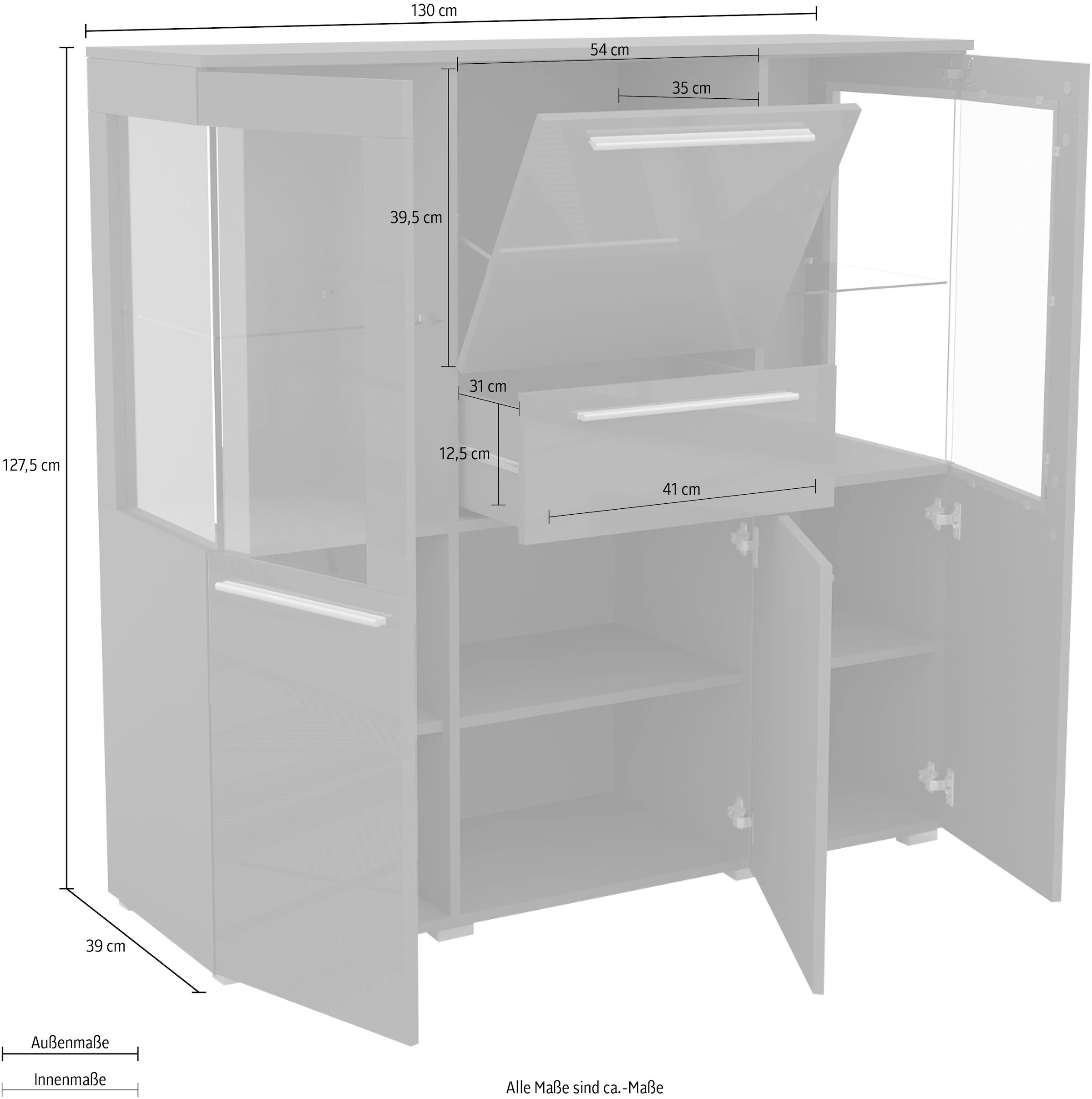 INOSIGN Highboard »India,Breite 130cm, stilvolle Hochkommode 3Türen, Klappe und Schublade« Hochschrank viel Stauraum, Einlegeböden verstellbar,ohne Beleuchtung