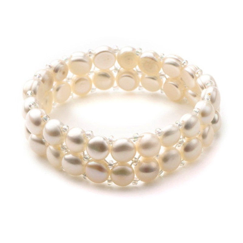 Bracelet Stretch 2 rangs Femme en Perles de culture Blanc