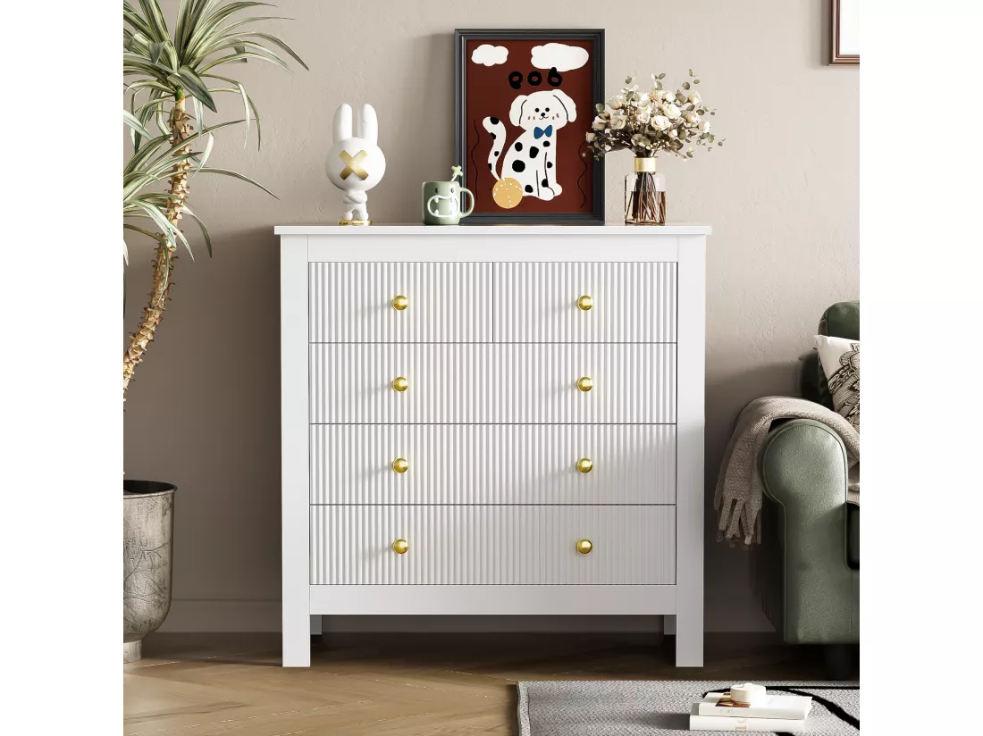 Commode avec 5 tiroirs - 79 x 80.5 x 39.5 cm - Panneaux de particules - pour salon, chambre - Couleur blanc