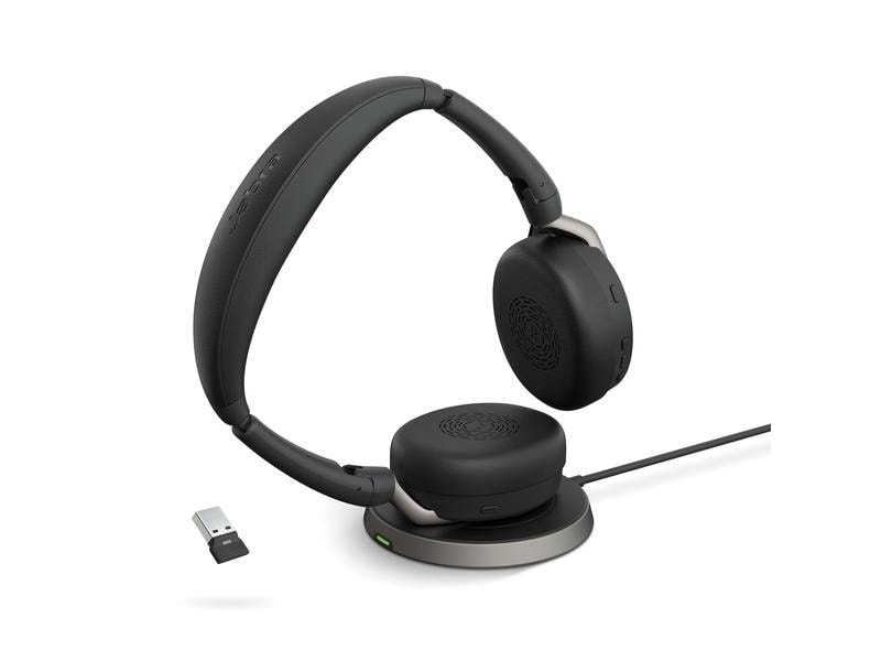 Jabra Headset Evolve2 65 Flex Duo MS, USB-A, inkl. Ladestat Ultrakompaktes professionelles Headset für unterwegs mit der besten aktiven Geräuschunterdrückung seiner Klasse