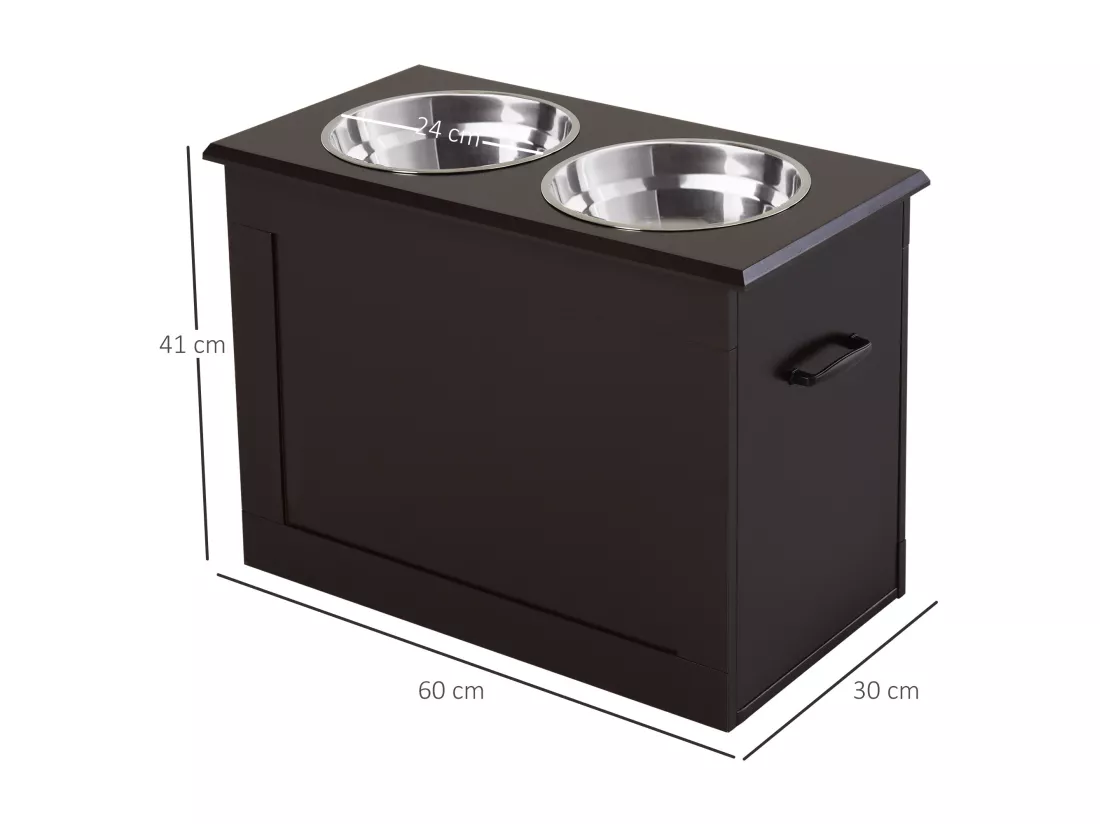 Gamelle double chien chat Porte-gamelles surélevé dim. 60L x 30l x 41H cm 2 gamelles poignées coffre MDF chocolat