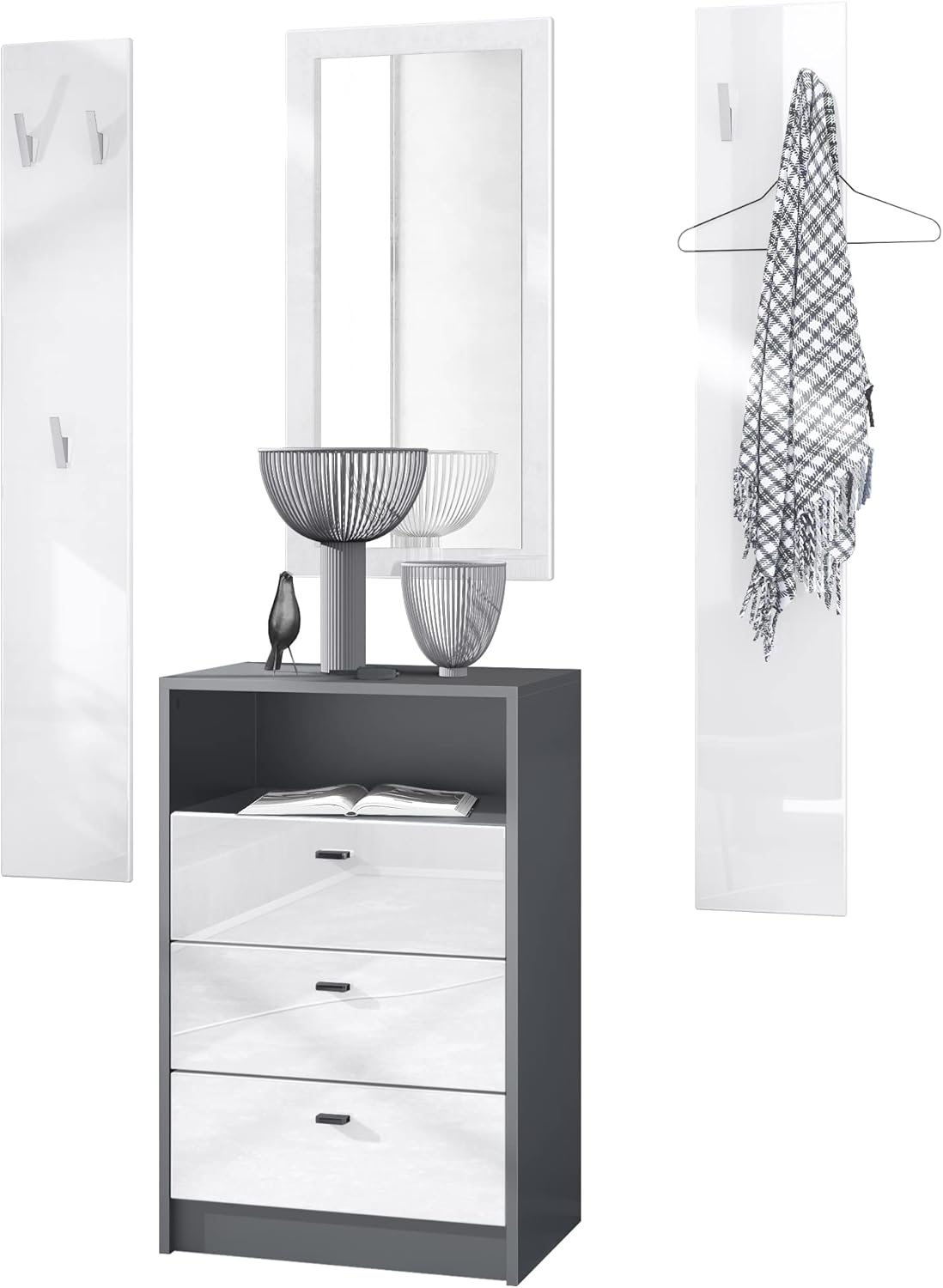 Vladon Garderoben-Set Pino V2, Made in Germany, 2 Wandpaneele 140 cm und Anrichte mit 3 Schubladen & 1 offenem Fach, Anthrazit matt/Weiß Hochglanz (56 x 86,5 x 36 cm)