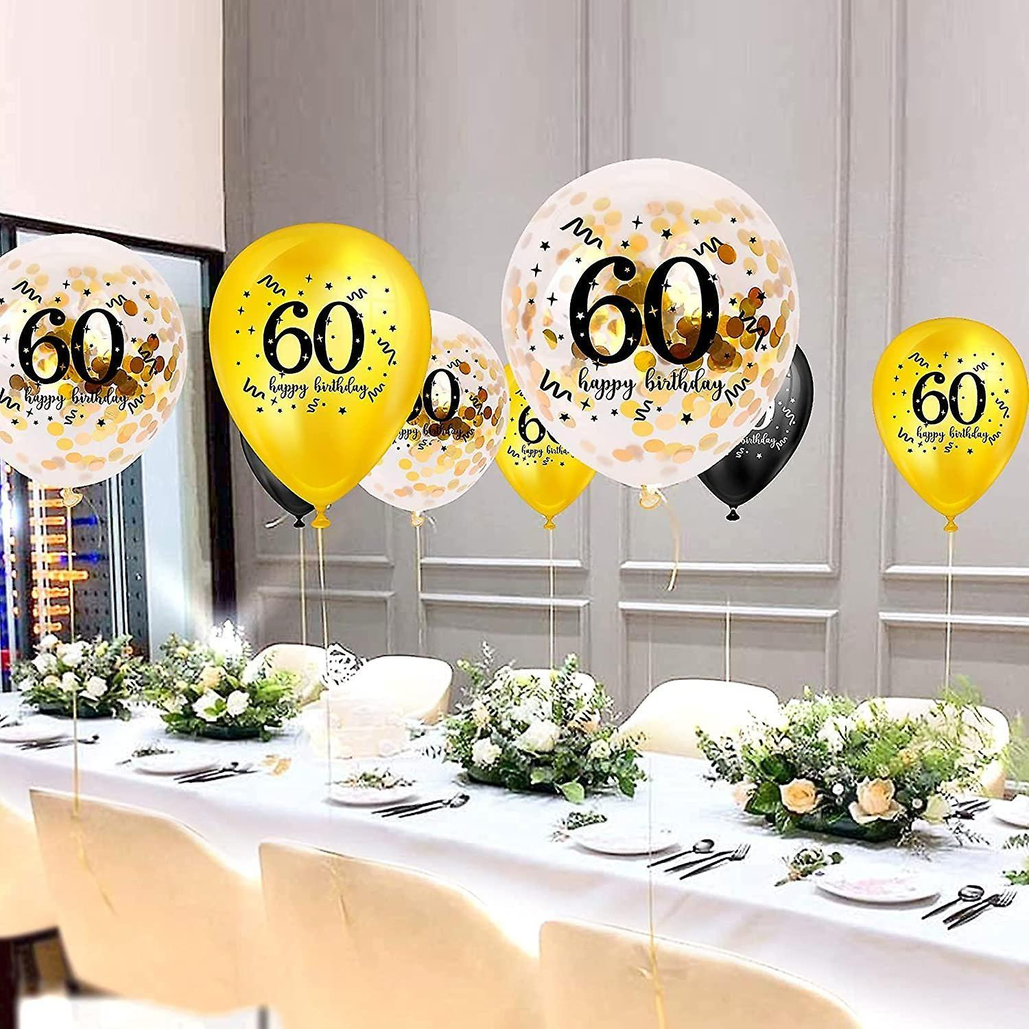 (15er Set) Ø30cm Party Deko Ballons Latex Luftballons 60 Happy Birthday mit Konfetti - Schwarz / Gold / Transparent
