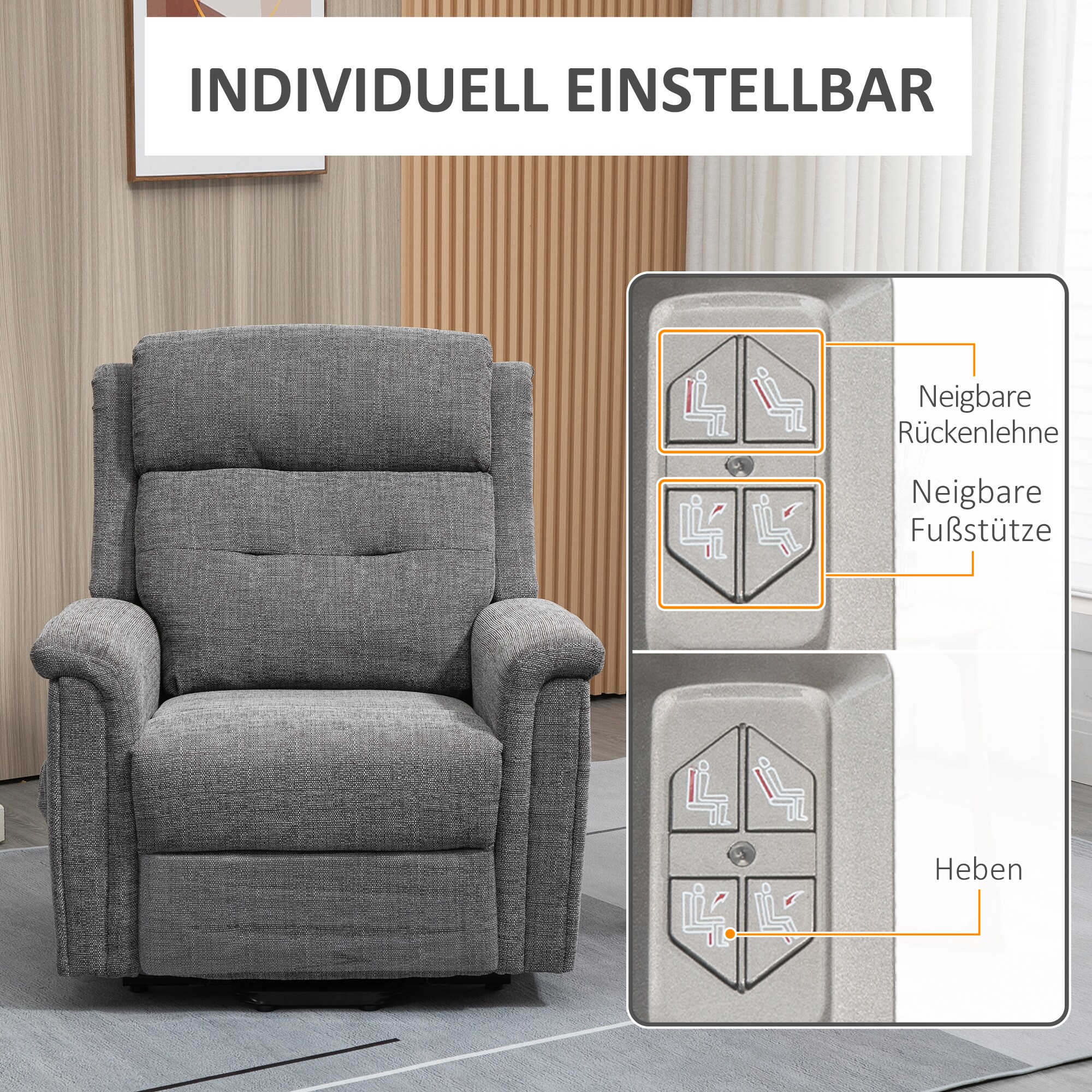 HOMCOM Aufstehsessel mit Seitentasche grau 89L x 96B x 108H cm