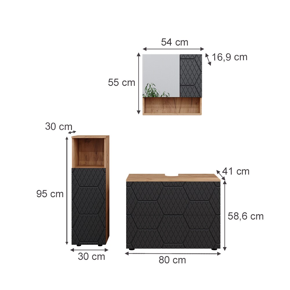 Vicco Badmöbel-Set Irma Eiche Anthrazit 4-teilig Midischrank 95 cm Waschbeckenschrank 80 cm
