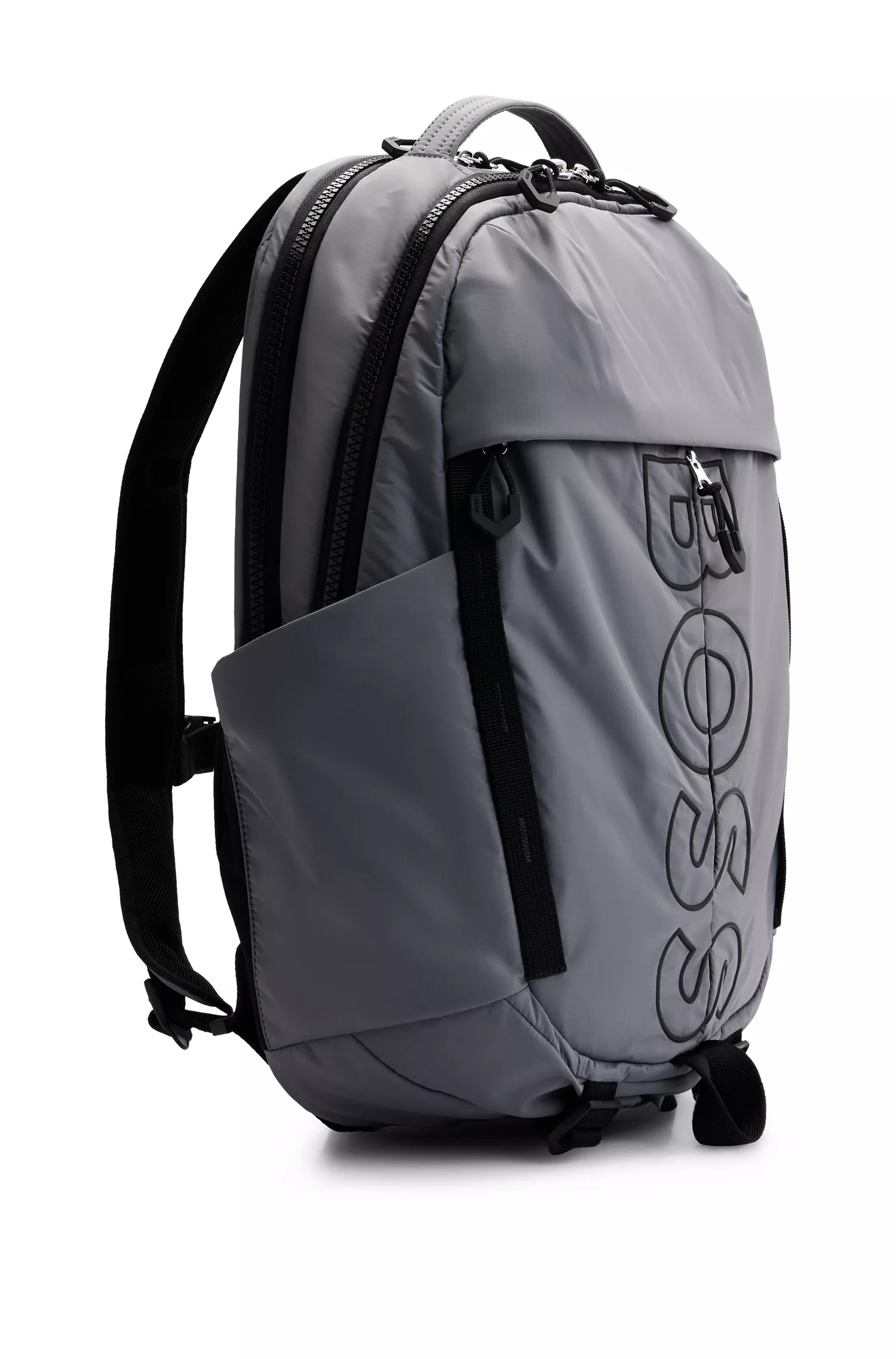 Mochila BOSS preta revestida em veludo com vários bolsos e logotipo em contorno.