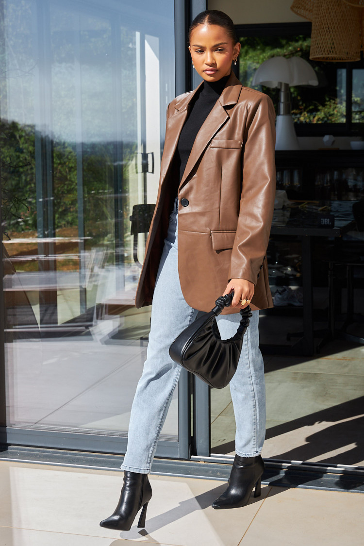 Veste blazer en simili cuir marron