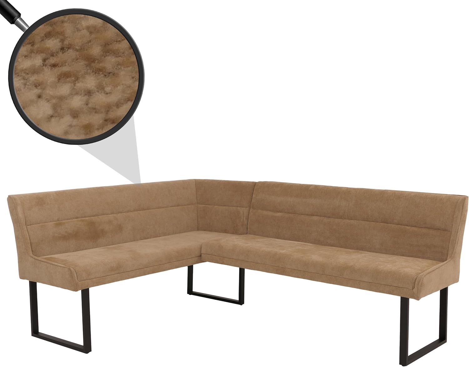 Mendler Eckbank HWC-O81, Esszimmerbank Bank, Öko-Tex (310g/m²) Chenille Stoff/Textil Metall 159x210cm - Hellbraun
