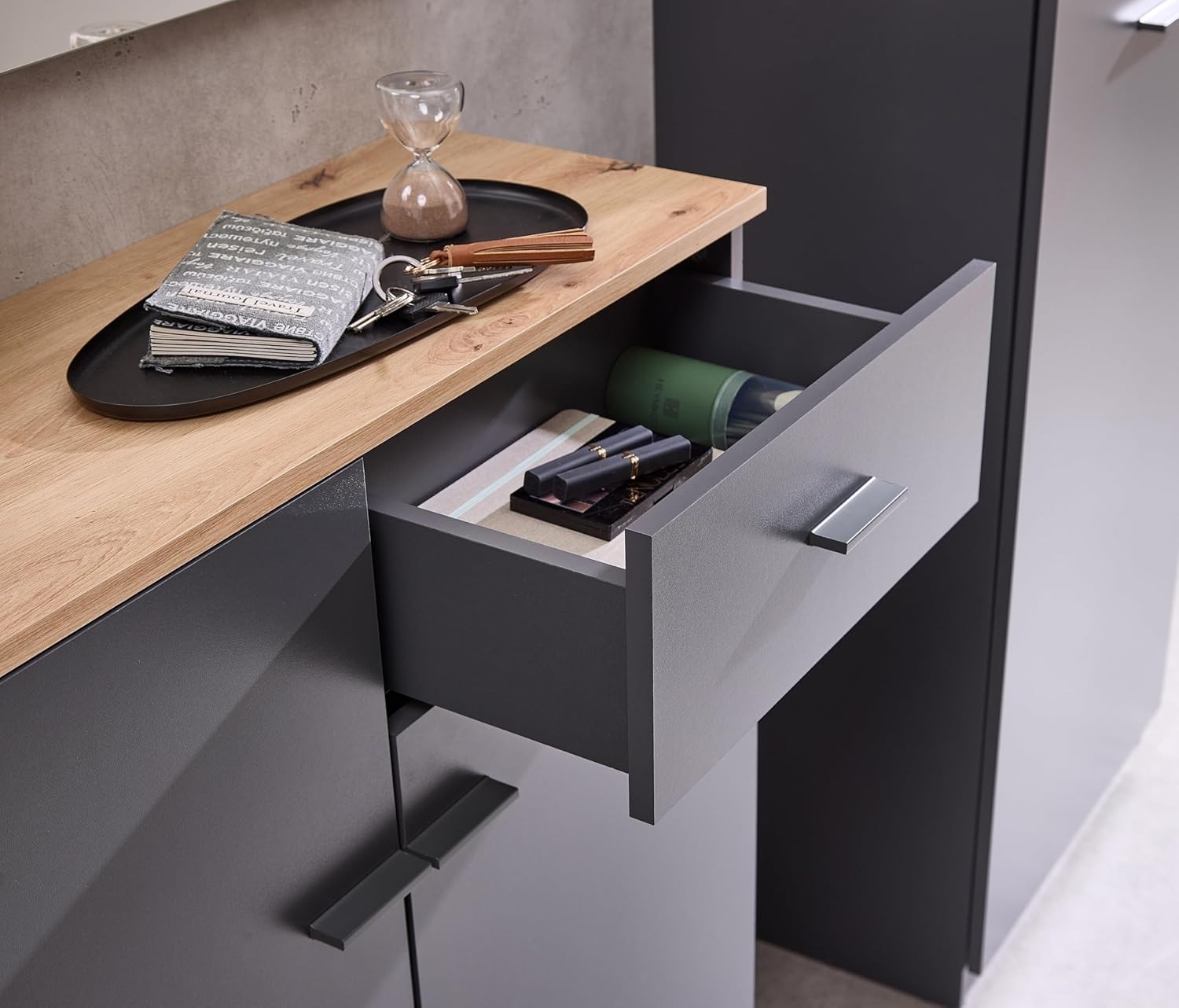 möbelando Kompaktgarderobe >Fynn< modern mit Spiegel, Schuhkommode, Bank & Paneel in Anthrazit/Artisan ? Stellmaß B/H/T: 223x199x38 cm, Melamin, Lamellenoptik, zerlegt geliefert