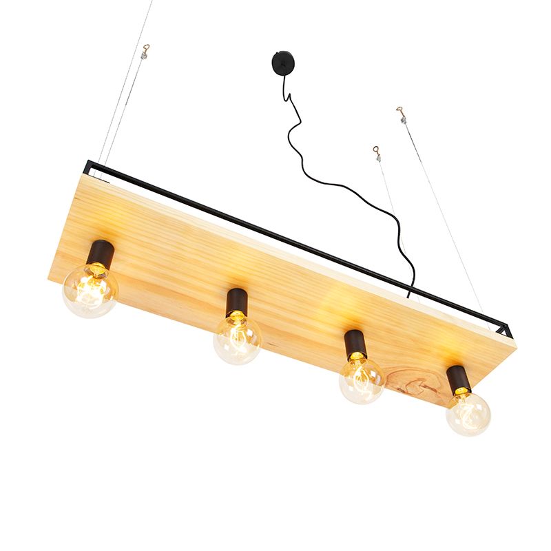Industriële hanglamp zwart met hout 4-lichts - Shelf