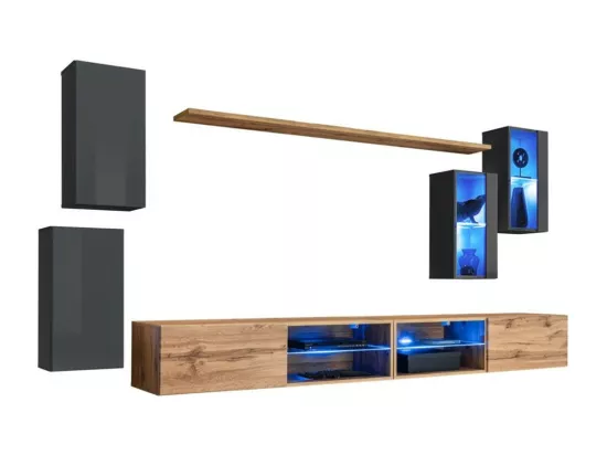 Ensemble meubles de salon SWITCH XXV – LED – Gris et Chêne – Design suspendu