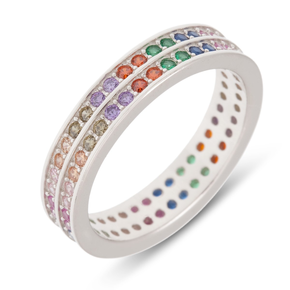 Bague argent rhodié double rang avec pierres précieuses d'imitation