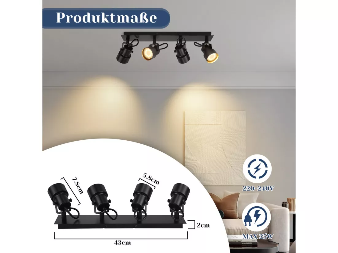 NETTLIFE Spot de Plafond Noir Plafonnier Vintage GU10 Lampe de Cuisine pour Orientable 4 Flammes Vintage 350°