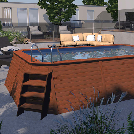 Piscina de madeira com painéis K2o, 490x293x110 cm, com bomba de filtro de cartucho de 2.006 L/h e escada.