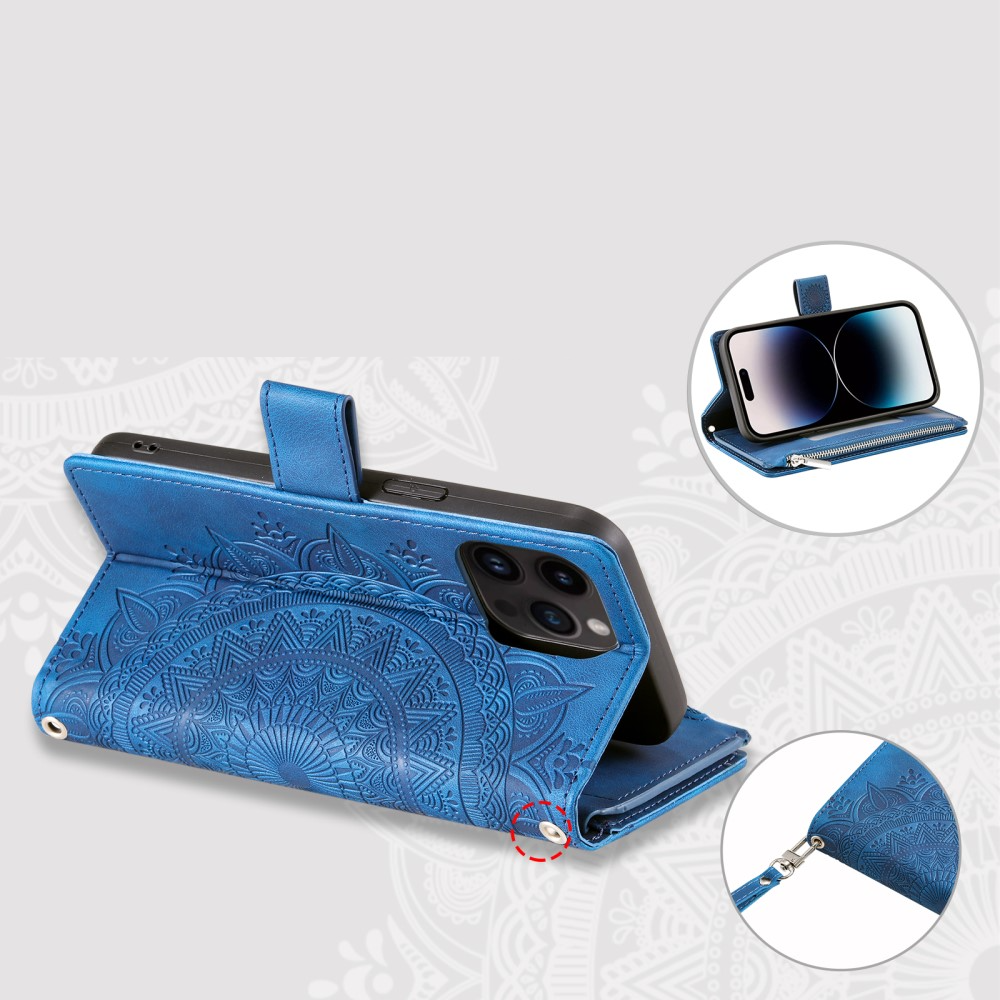 iPhone 16 Pro Leder Tasche Flip Cover mit Reissverschluss - Mandala Flowers Imprint - Blau