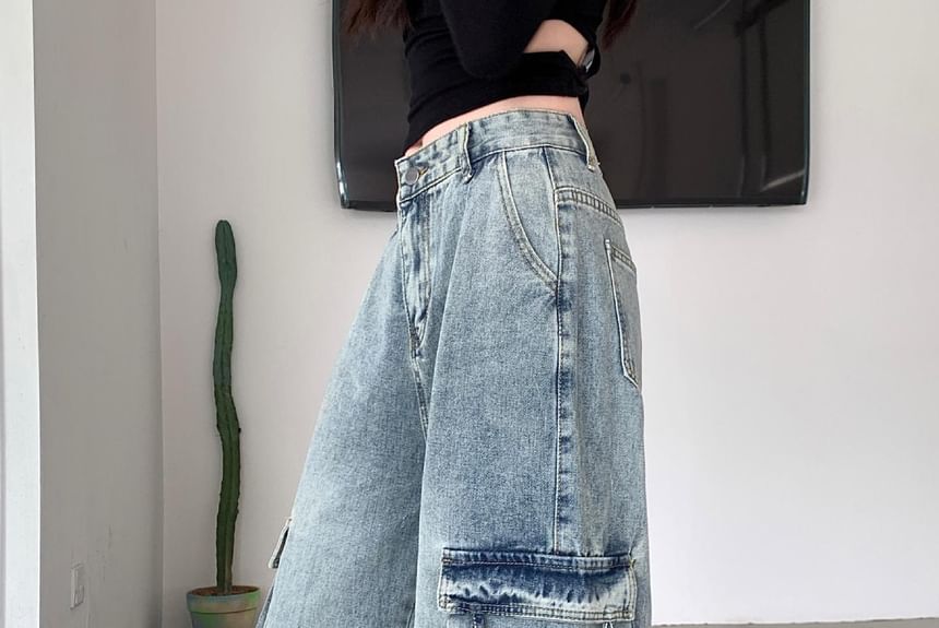 Kenning - Mid Rise Washed Wide Leg Cargo Jeans