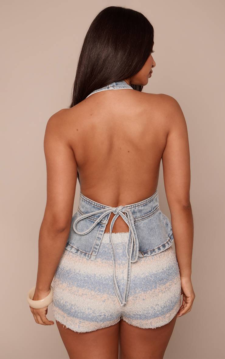 Mid Blue Wash Top En Denim Petite À Basque Col Licou Et Dos Noué