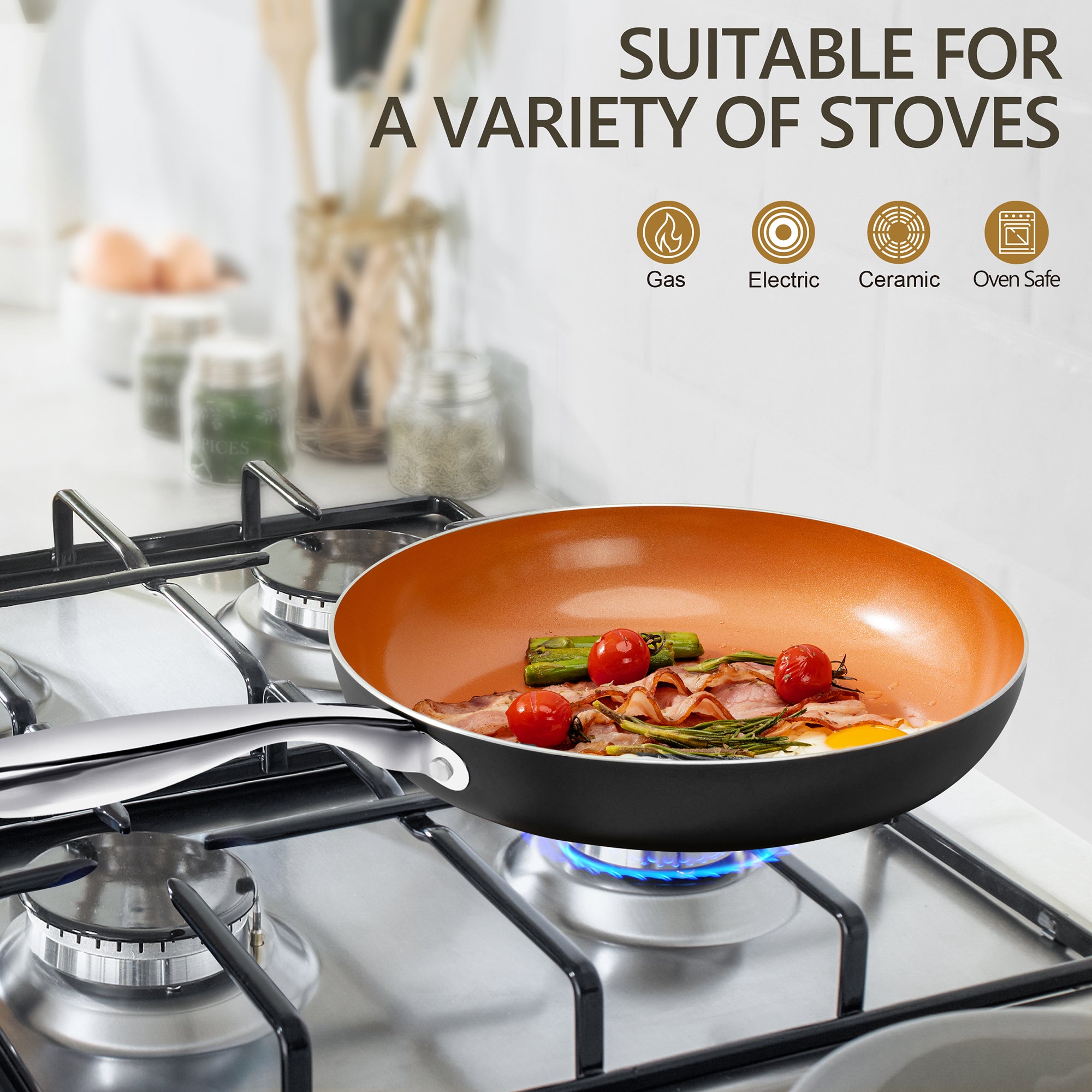 MICHELANGELO Copper Frying Pan Set with Lid, 8