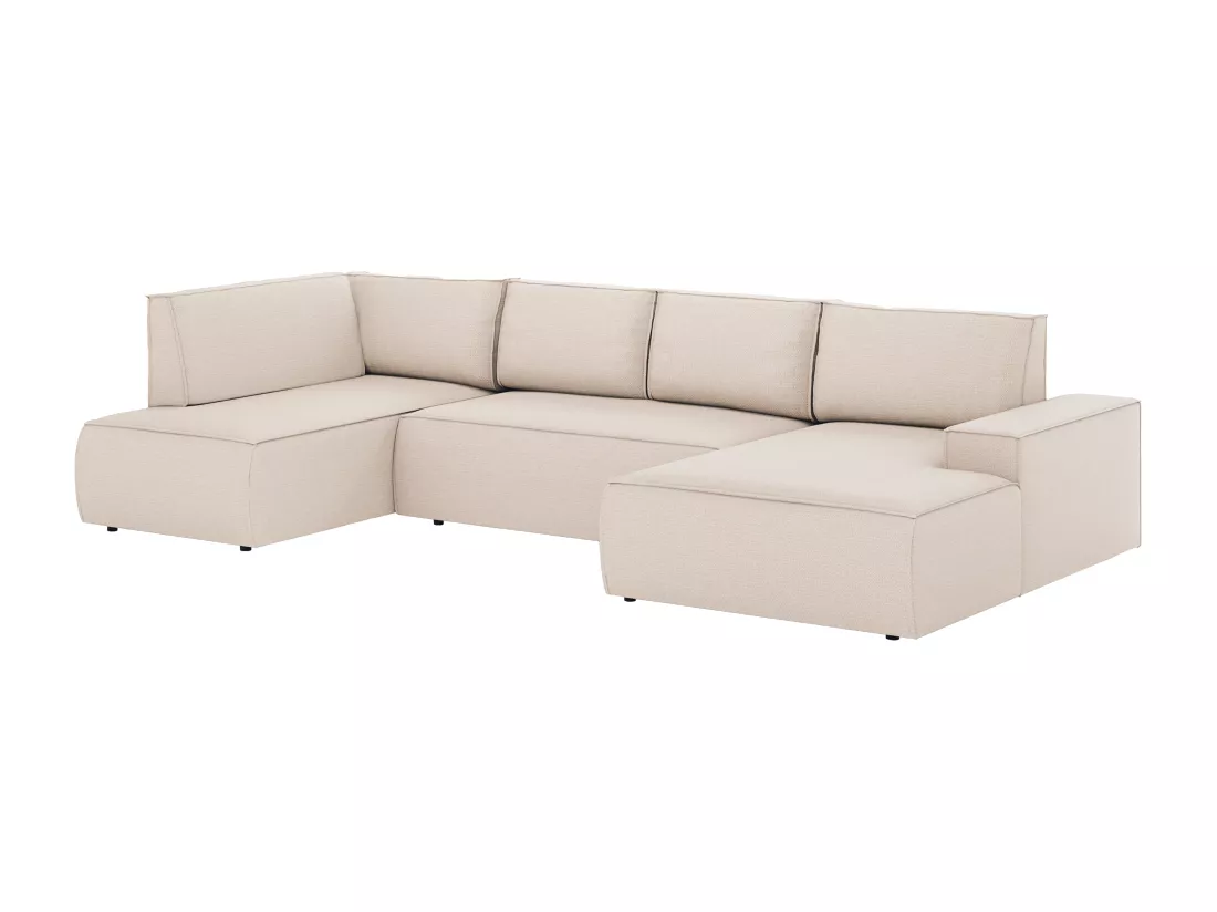 Grand canapé d'angle droit panoramique convertible en tissu texturé beige AMELIA