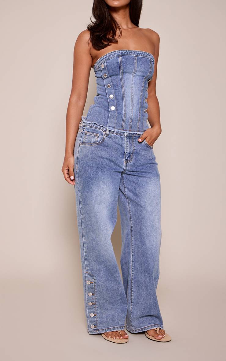 Mid Blue Wash Jean Denim Bleu Moyen Délavé Jambe Large Petite