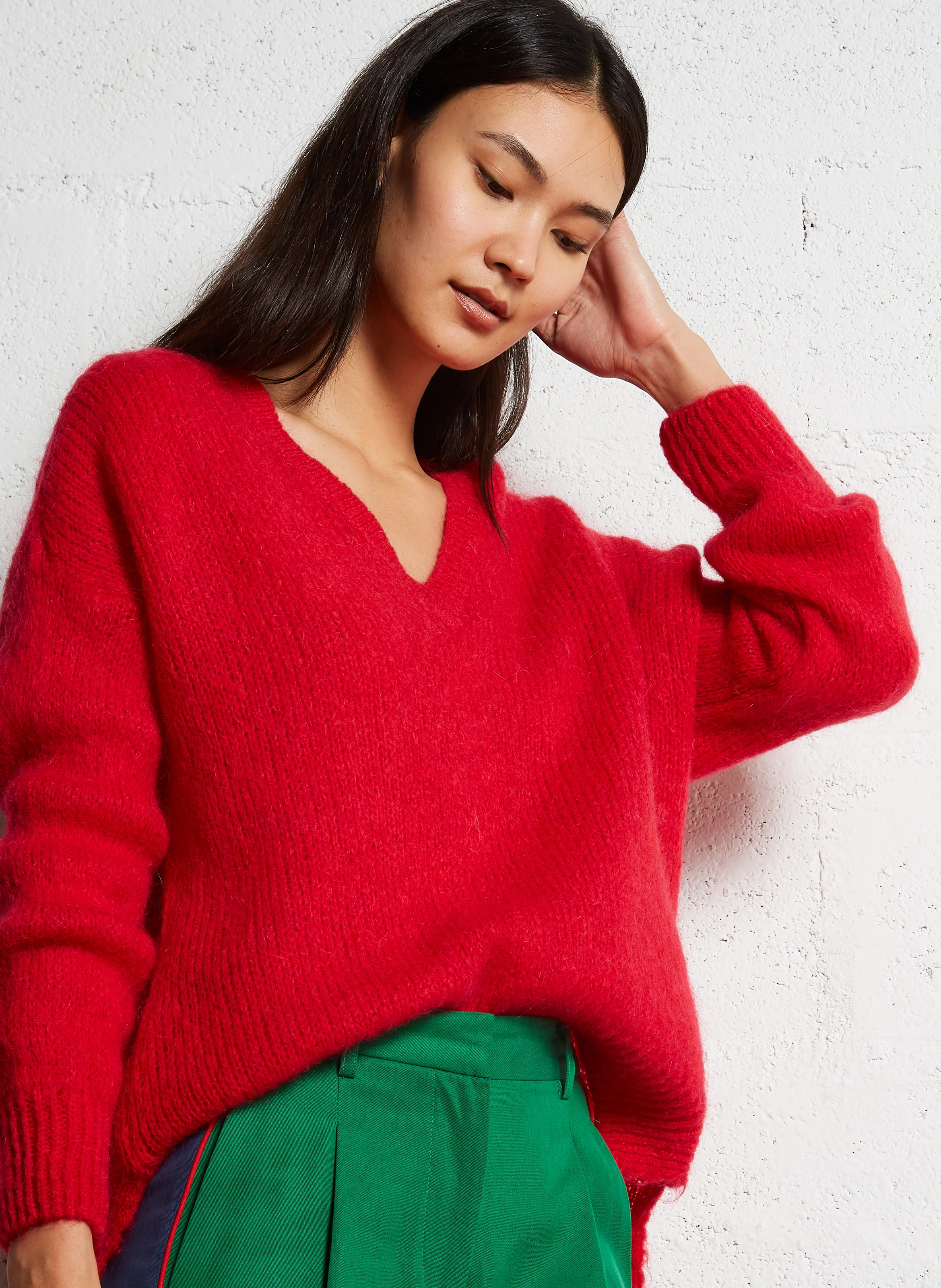 MELANIE - Pull oversize col V en laine mélangée | Rouge