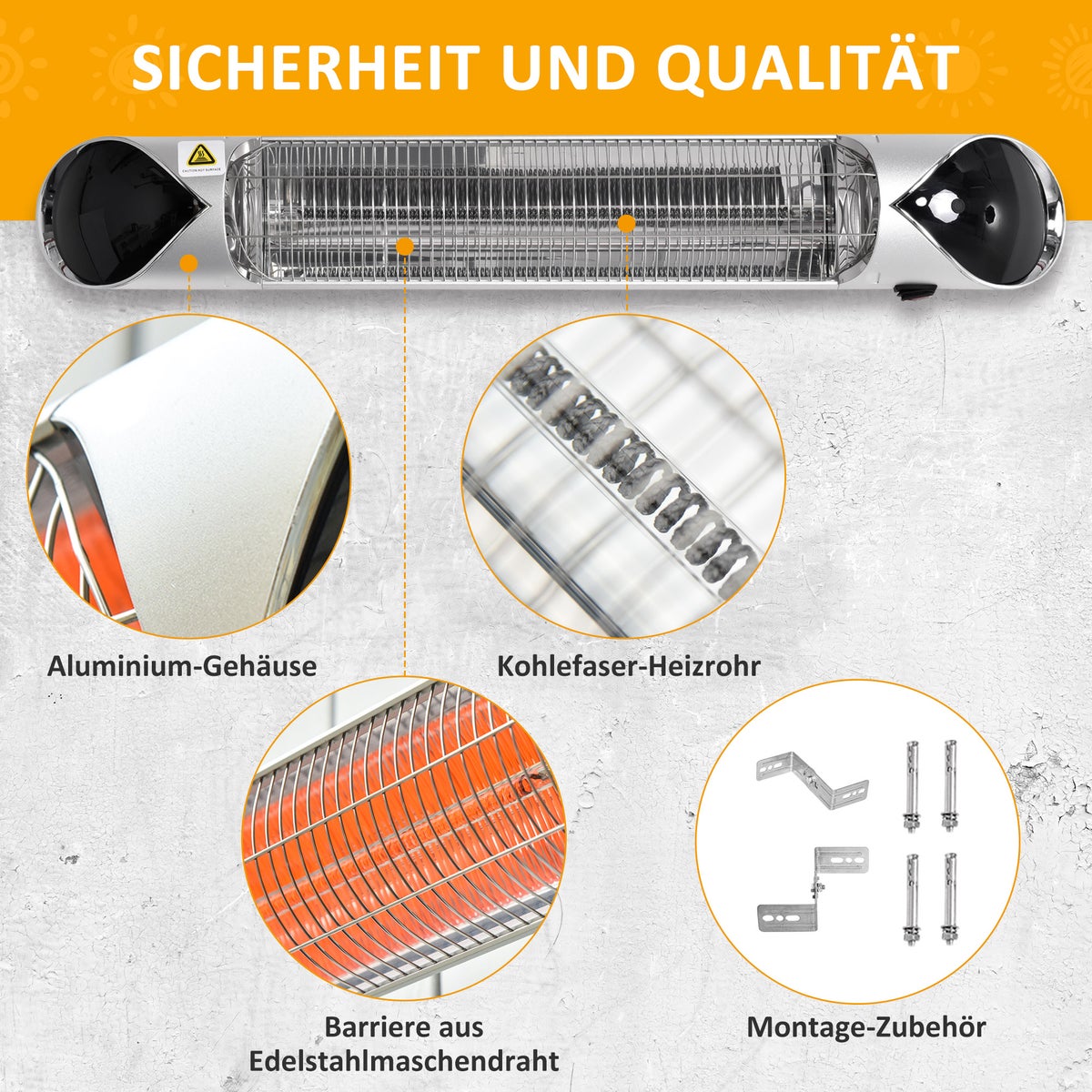 Outsunny elektrische kachel, 4 warmtestanden 800/1200/1600/2000W met afstandsbediening, waterdicht, 88 x 13 x 9 cm, aluminium, zilver