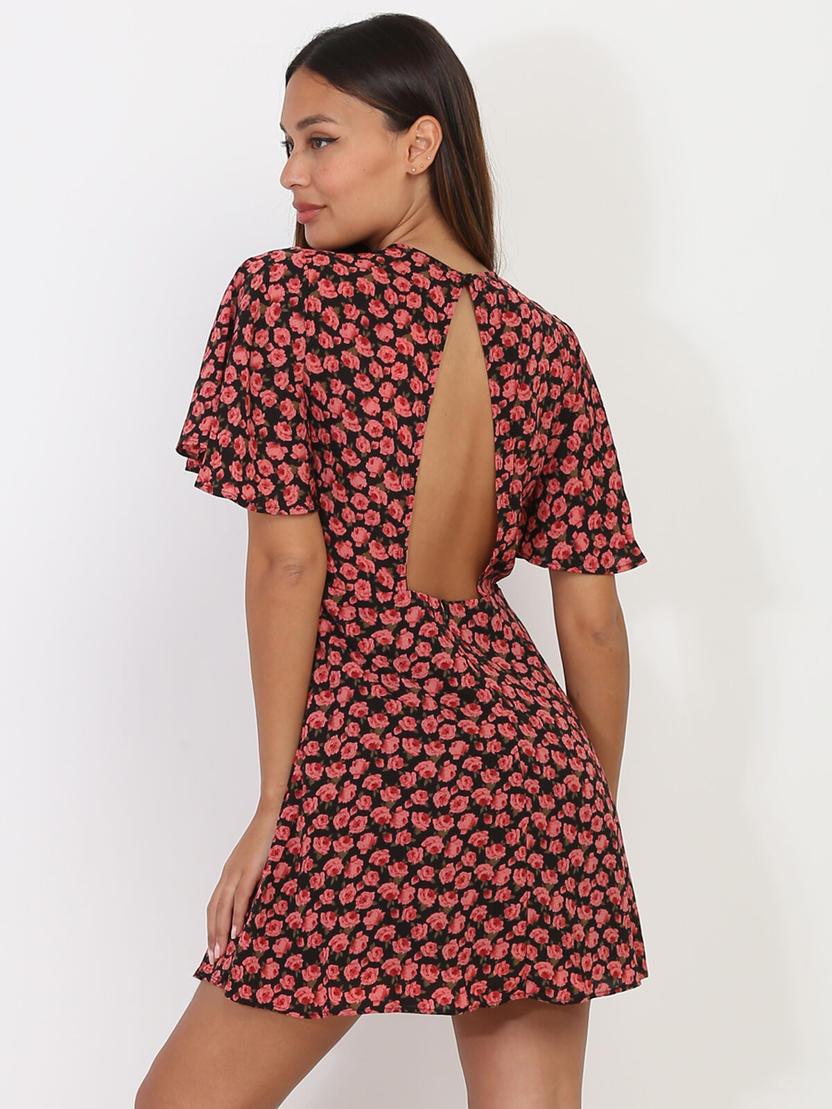 Robe patineuse dos nu à motif floral- Noir