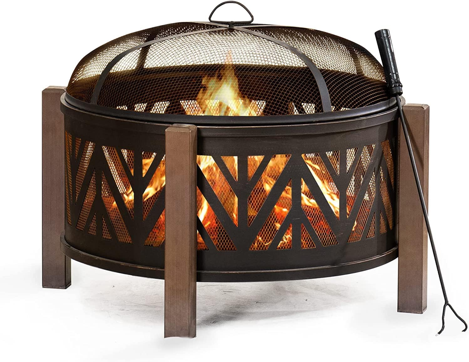 Sunjoy 78,7 cm. Große Feuerstelle für den Außenbereich, runde Holzfeuerschale, Outdoor-Terrasse, Stahlschalen-Form, Feuerstelle mit Netz-Funkenschutz und Schürhaken-Werkzeug