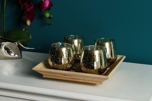 4er-Set Glaswindlichthalter - goldfarben - inklusive Holztablett