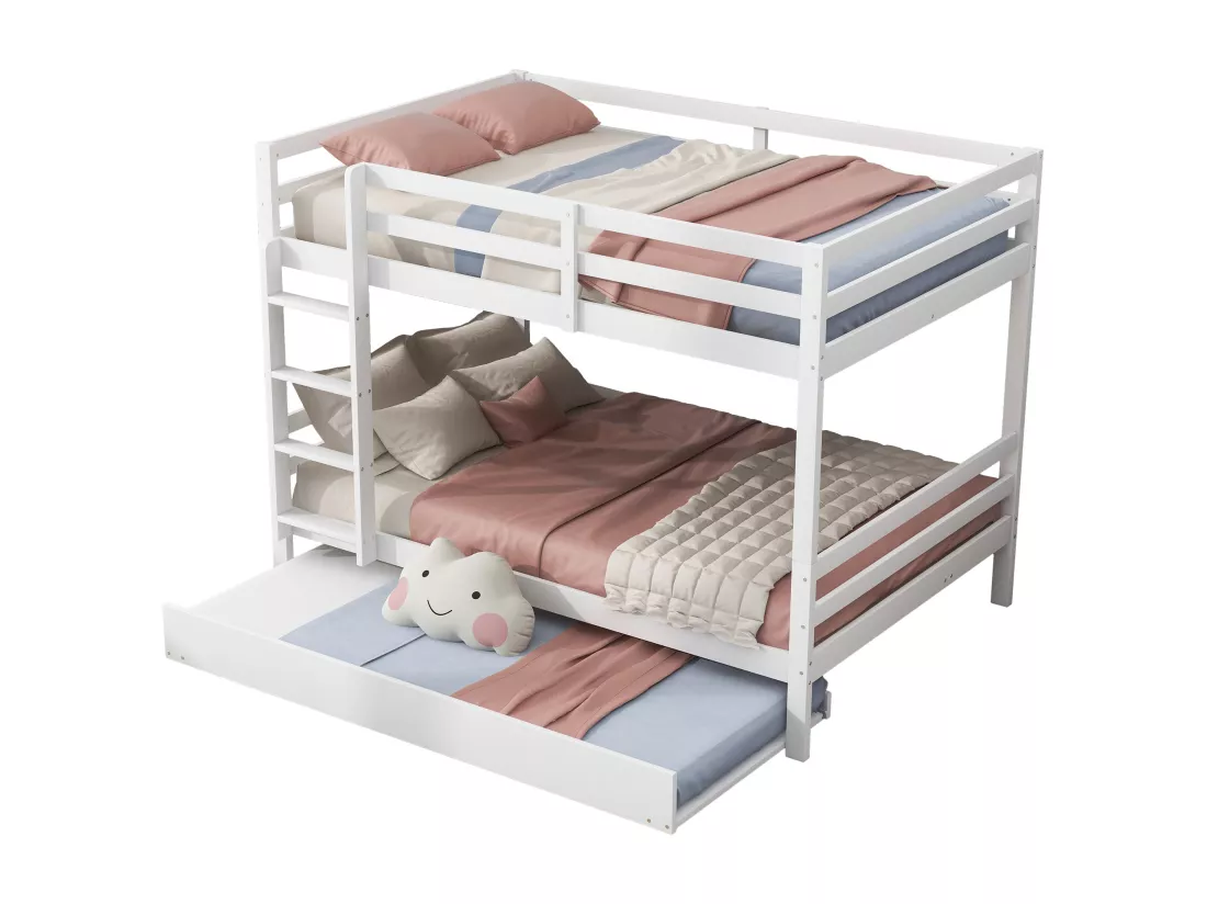 Blanc 140 * 200cm lits superposés pour les enfants, lits superposés avec lit gigogne, barre de haute hauteur, escalier stable