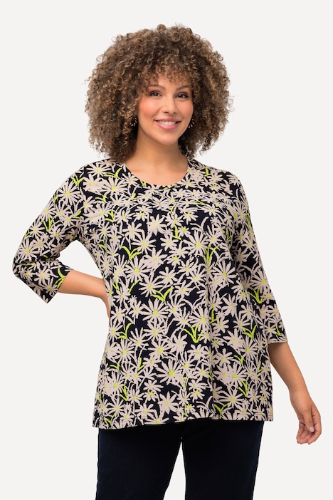 Shirt, Blüten, Ziernähte , A-Linie, Rundhals, 3/4-Arm