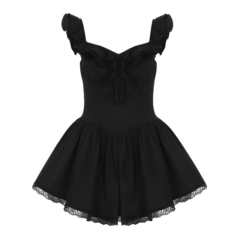Honet - Mouwloze V-hals, geplooide afwerking, effen strikaccent, slim-fit mini-A-lijnjurk