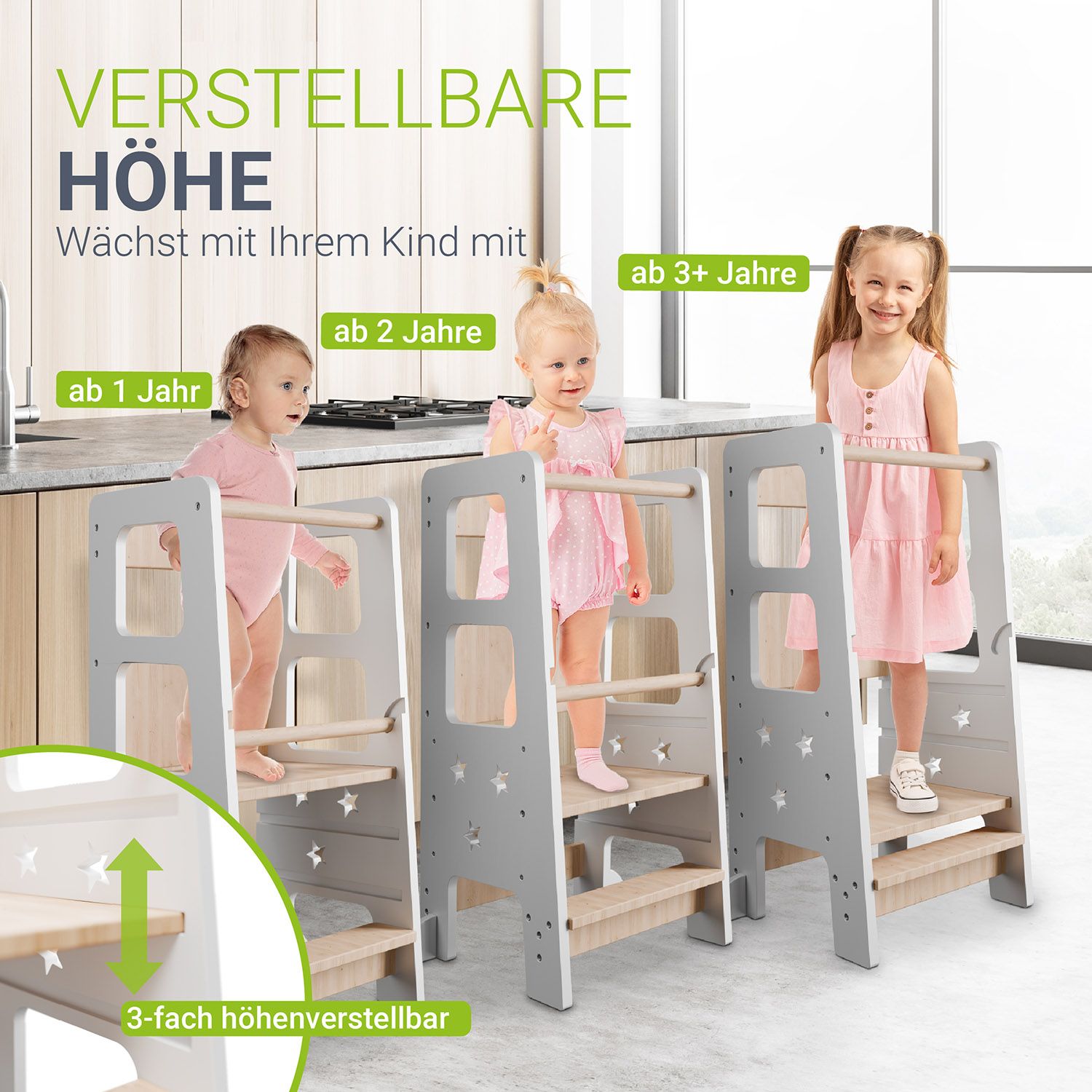Juskys Lernturm Henny - Kinder ab 1 Jahr, Stehhilfe, 3-fach höhenverstellbar, Umkippschutz - Weiß