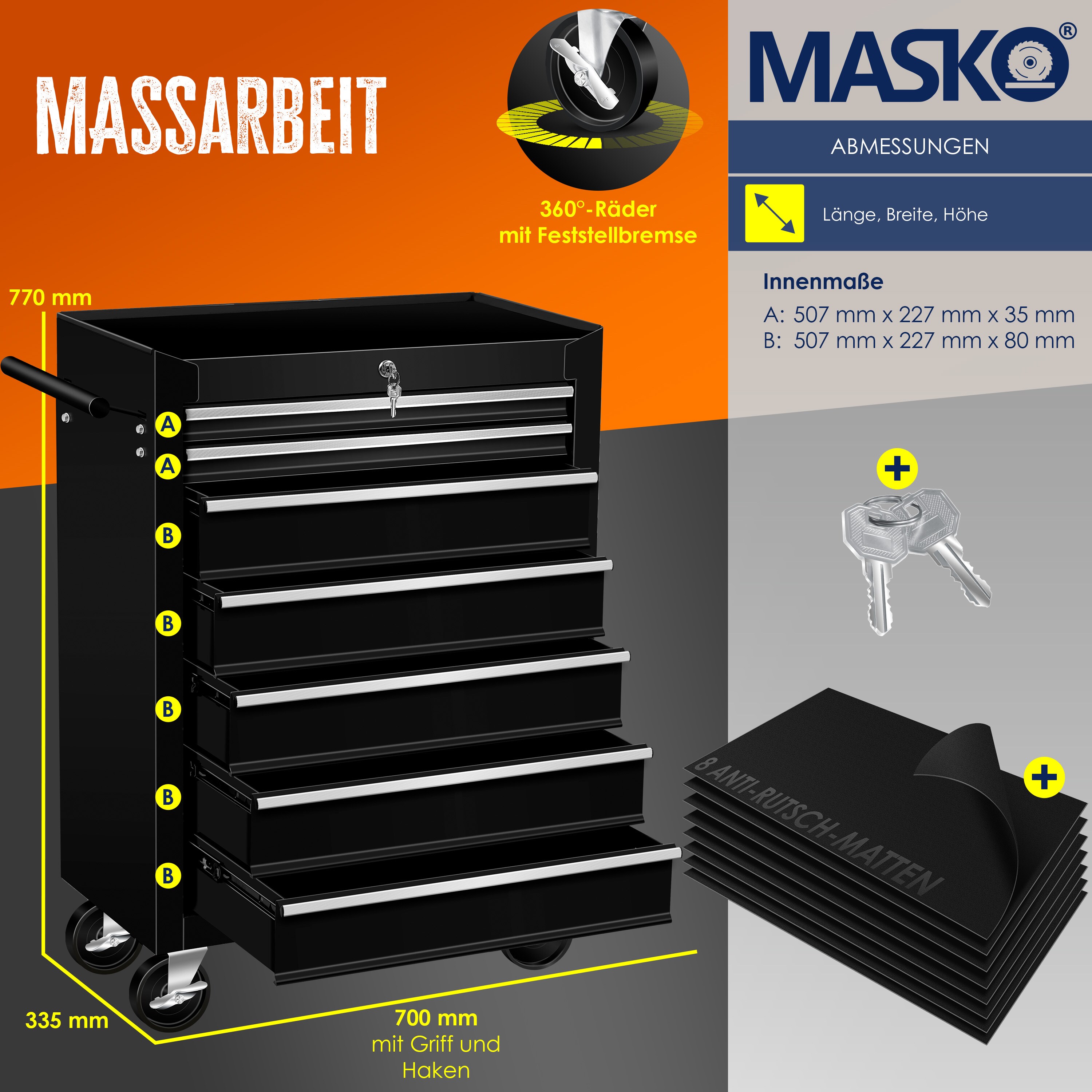 Masko® Werkstattwagen Rollwagen Werkzeugwagen Werkzeugkiste Fächer Toolbox Werkzeug box