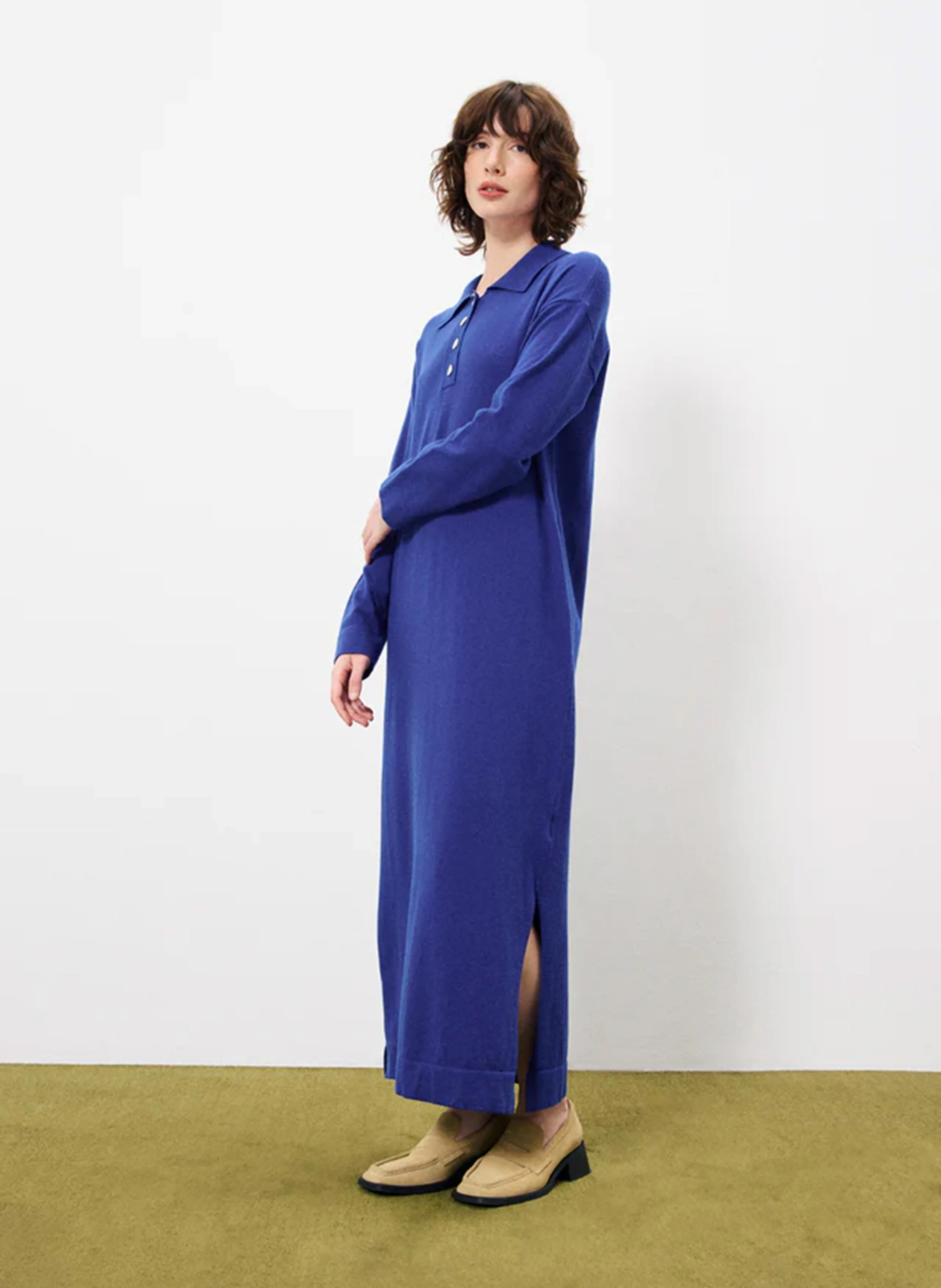 NESLIE - Robe polo longue en maille | Bleu