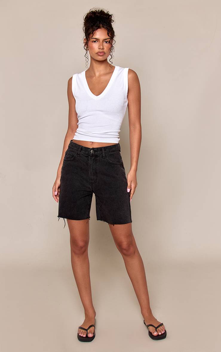 Noir Délavé Short En Jean Ajusté Long