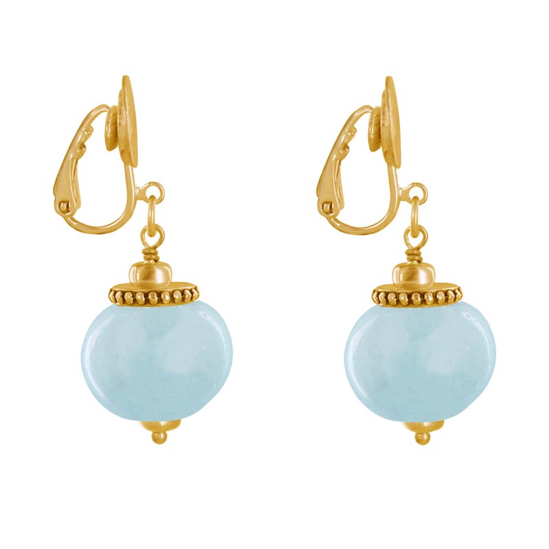Boucles d'Oreilles Clip Métal Doré et Grosses Perles en Céramique