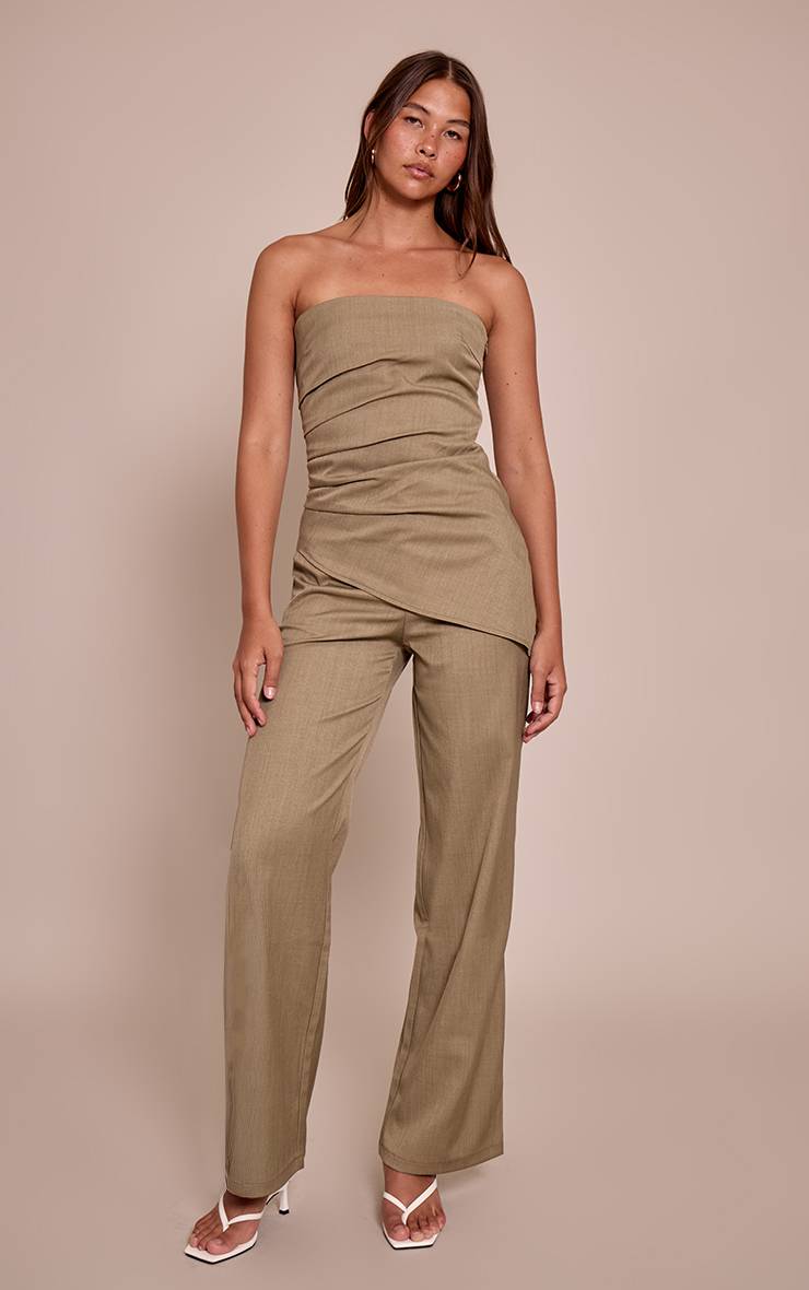 Sage Khaki Pantalon Large Tissé Ajusté À Fines Rayures