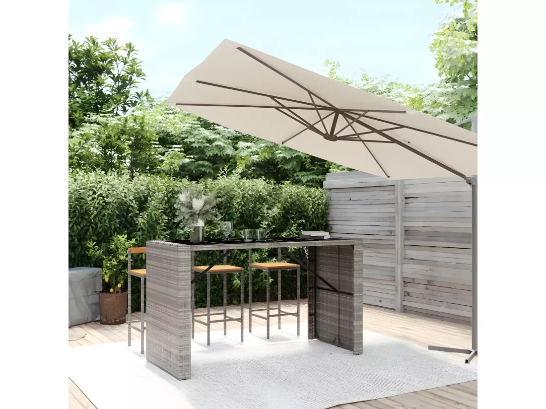 Prolenta Premium - Table de bar et dessus en verre gris 185x80x110 cm poly rotin