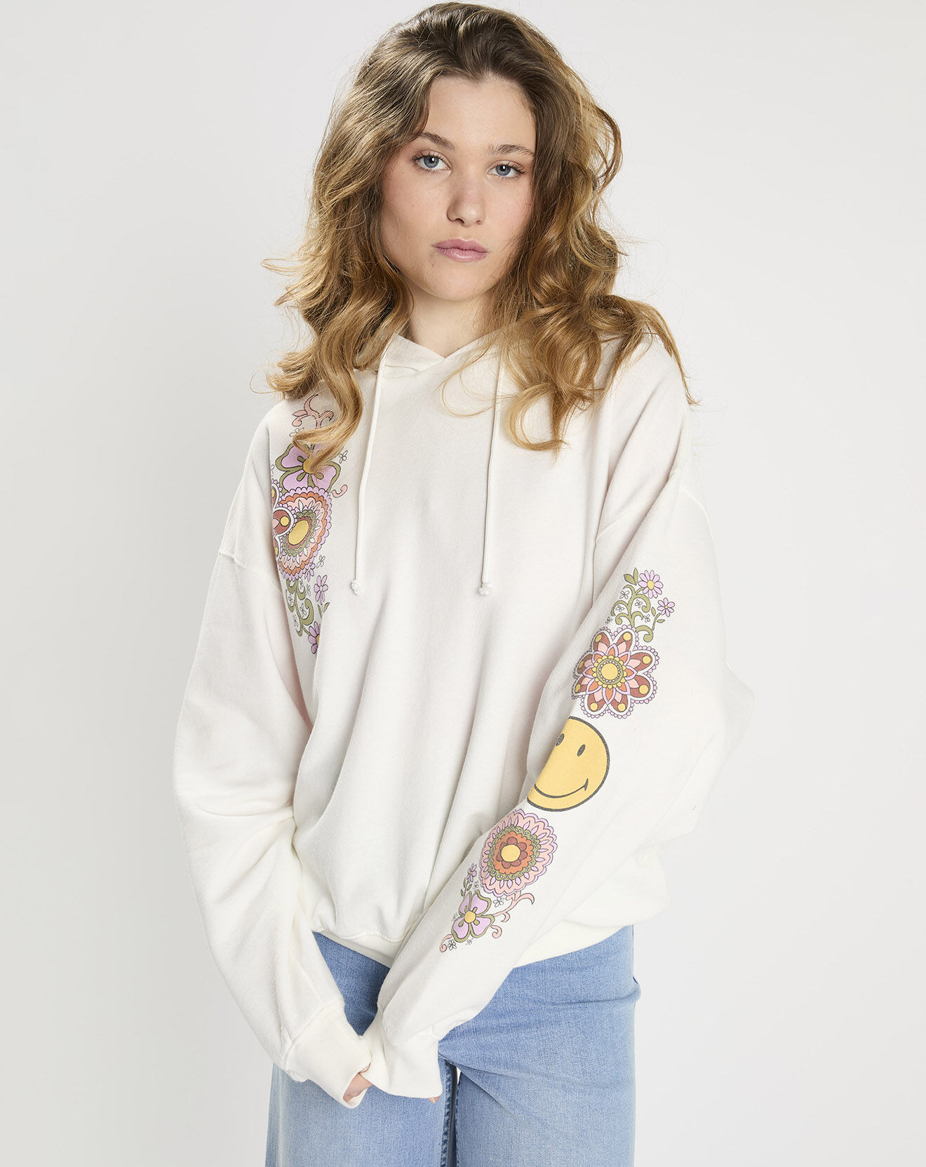 Billabong Sweat à capuche oversize 100% Coton Bio imprimé Smiles blanc