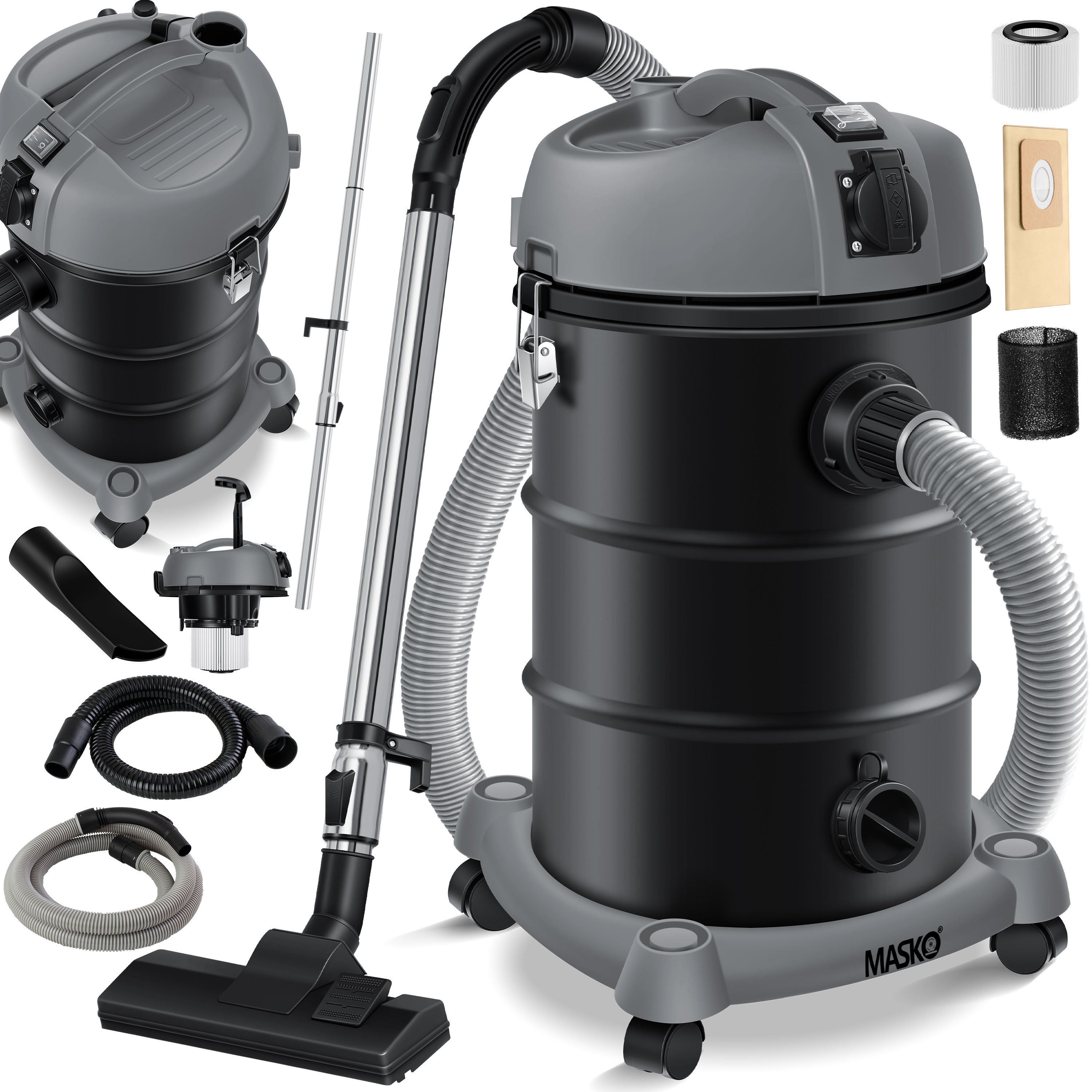 MASKO® 6IN1 Industriestaubsauger Staubsauger Nass Trocken Sauger Aschesauger 2300W + Steckdose ? Blasfunktion ? Trocken-Saugen & Nass-Saugen | Industrie-Sauger mit & ohne Beutel | beutellos