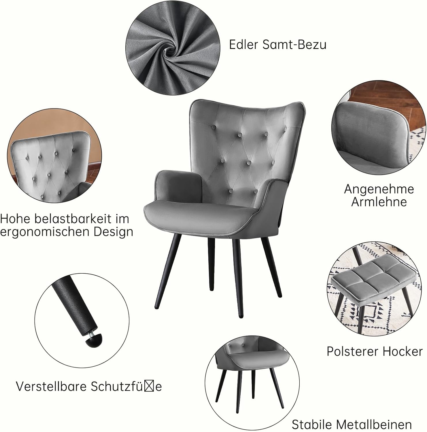 Sessel mit Hocker, Ohrensessel mit Hocker aus Samt, Sessel Wohnzimmer Relaxsessel mit Fußstütze Loungesessel Polstersessel fürs Wohnzimmer Schlafzimmer Arbeitszimmer, Grau