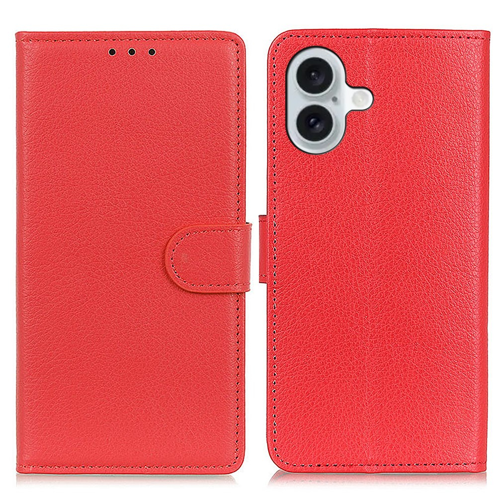 iPhone 16 Leder Tasche Flip Cover Litchi Look - Rot